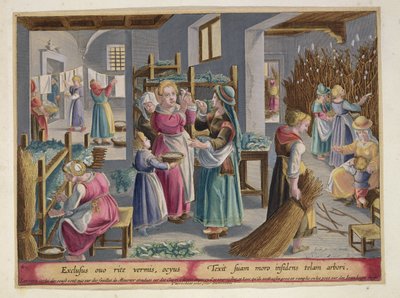Die Eier schlüpfen zu Würmern, sie werden mit Maulbeerblättern bedeckt und dann legen die Frauen sie in Zweige, um ihre Kokons zu weben, Platte 4 aus 